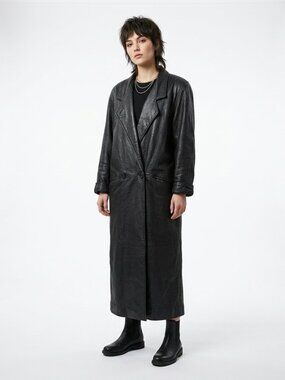 Vintage 80s CASSIDY Black Leather Double Breasted Long Trench Coat Small
